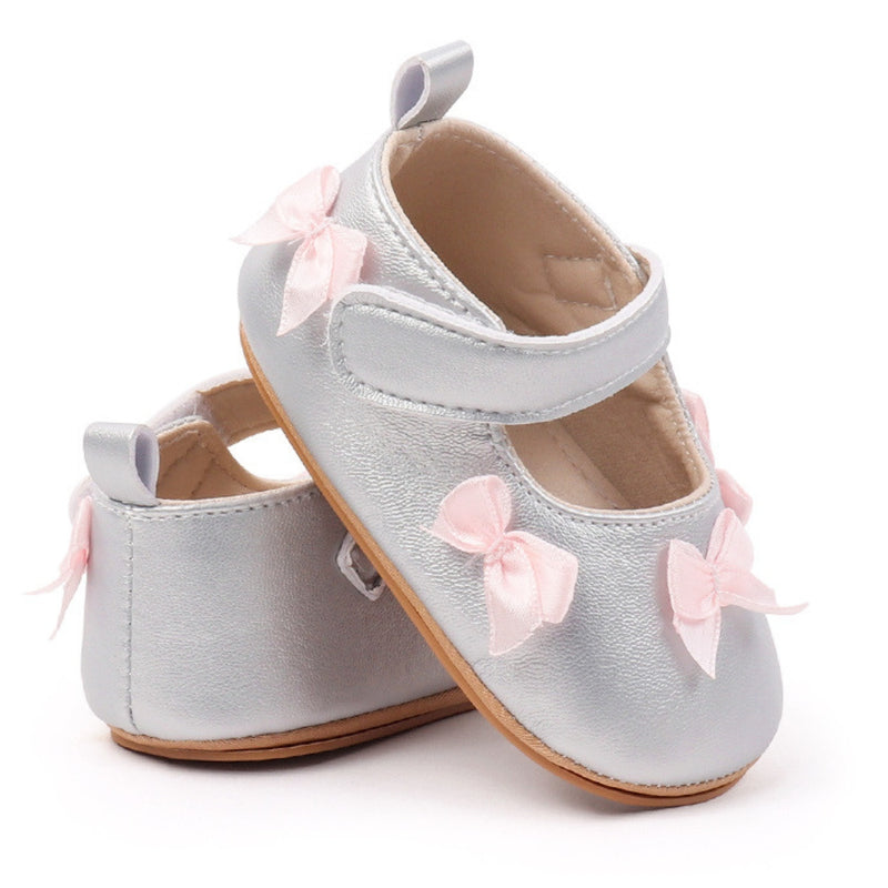 Baby Girls Bow Velcro Anti Slip Silver Bellies Booties-BT5451