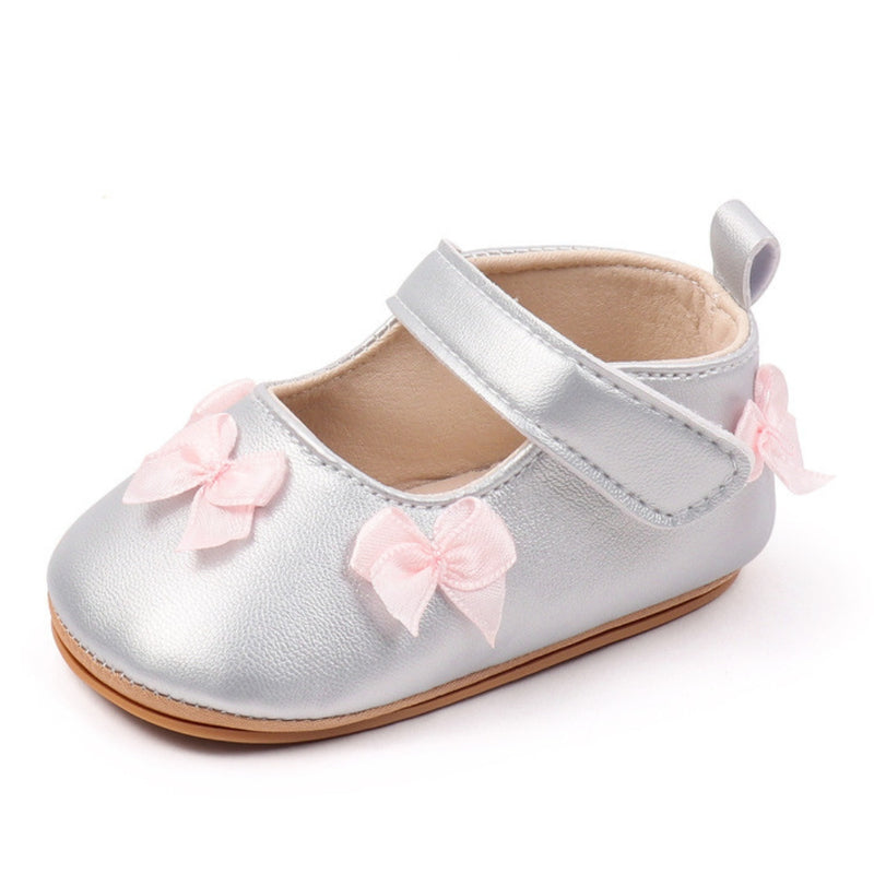 Baby Girls Bow Velcro Anti Slip Silver Bellies Booties-BT5451