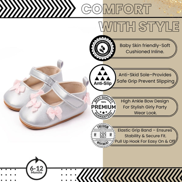 Baby Girls Bow Velcro Anti Slip Silver Bellies Booties-BT5451