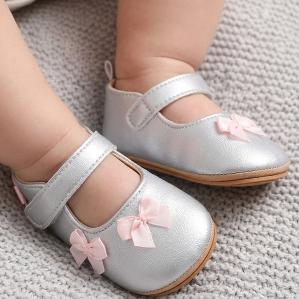 Baby Girls Bow Velcro Anti Slip Silver Bellies Booties-BT5451