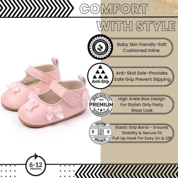 Baby Girls Bow Velcro Anti Slip Pink Bellies Booties-BT5452