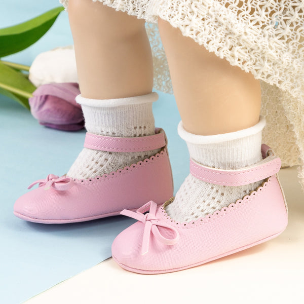 Baby Girls Bow Velcro Pink Bellies Booties-BT5457