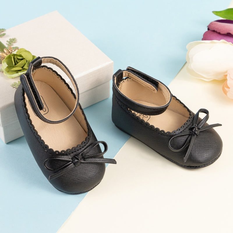 Baby Girls Bow Velcro Black Bellies Booties-BT5458