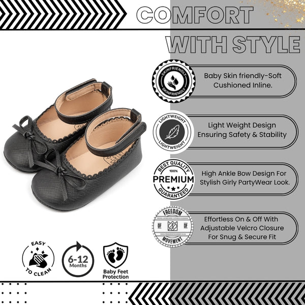 Baby Girls Bow Velcro Black Bellies Booties-BT5458