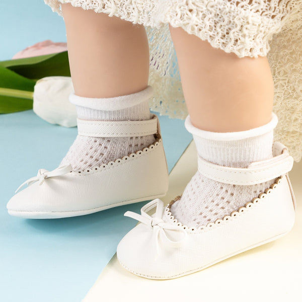 Baby Girls Bow Velcro White Bellies Booties-BT5459