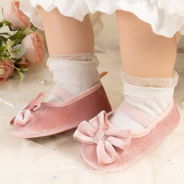 Baby Girls Bow Slip On Anti Skid Pink Bellies Booties-BT5461