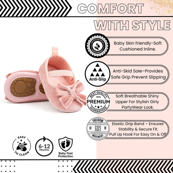 Baby Girls Bow Slip On Anti Skid Pink Bellies Booties-BT5461