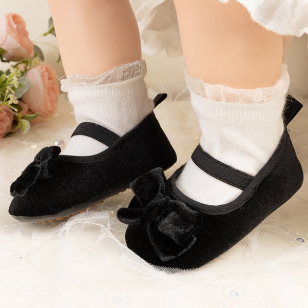 Baby Girls Bow Slip On Anti Skid Black Bellies Booties-BT5462