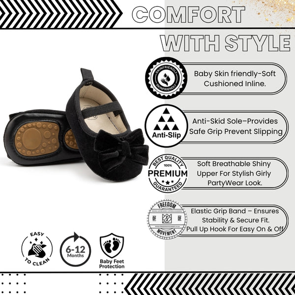 Baby Girls Bow Slip On Anti Skid Black Bellies Booties-BT5462