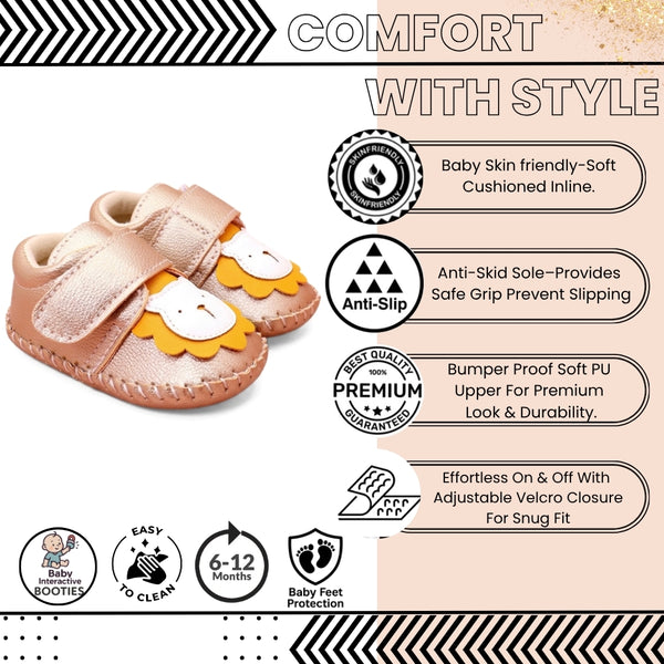 Baby Unisex Lion Face Anti Slip Velcro Gold Shoe Booties-BT5463