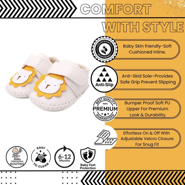 Baby Unisex Lion Face Anti Slip Velcro White Shoe Booties-BT5464