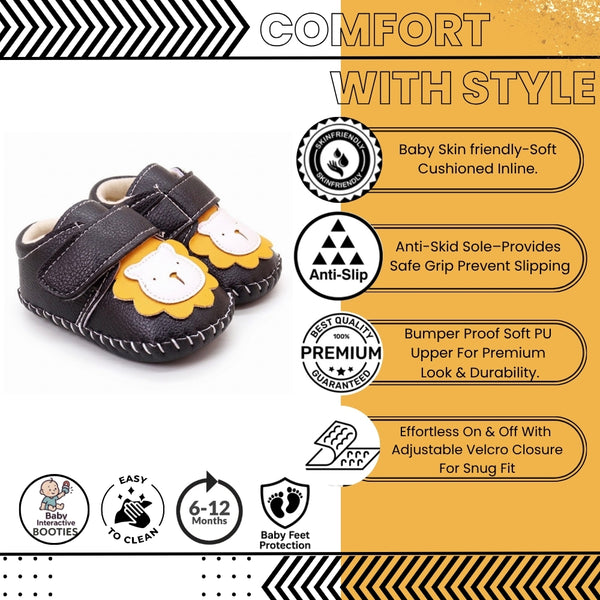 Baby Unisex Lion Face Anti Slip Velcro Black Shoe Booties-BT5465