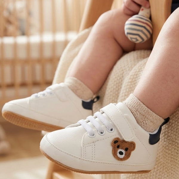 Baby Unisex Bear Face Anti Slip Velcro & Lace Brown Shoe Booties-BT5466
