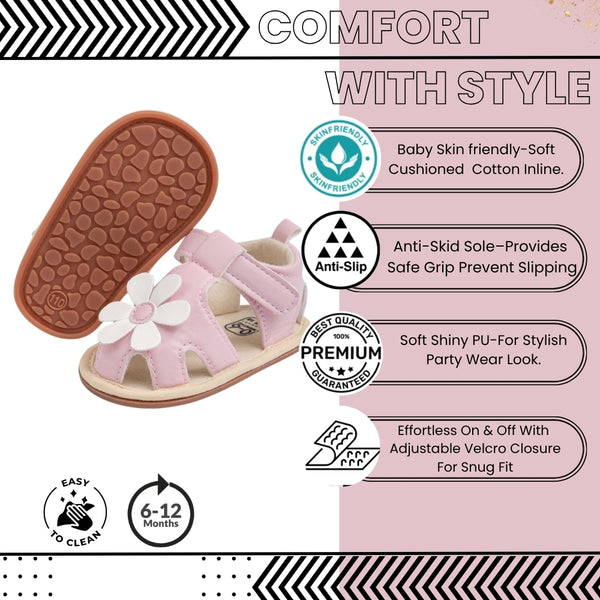 Baby Girls Flower Anti Slip Velcro Pink Sandal Booties-BT5470