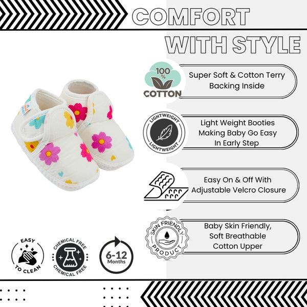 Baby Unisex Floral Muslin White Velcro Booties-BT5479