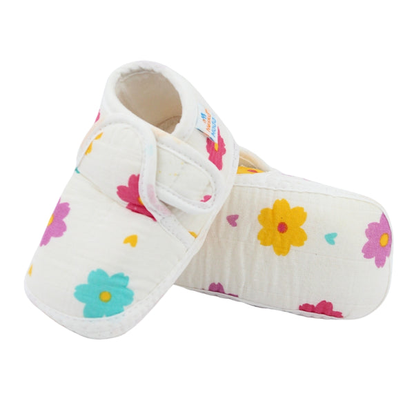 Baby Unisex Floral Muslin White Velcro Booties-BT5479
