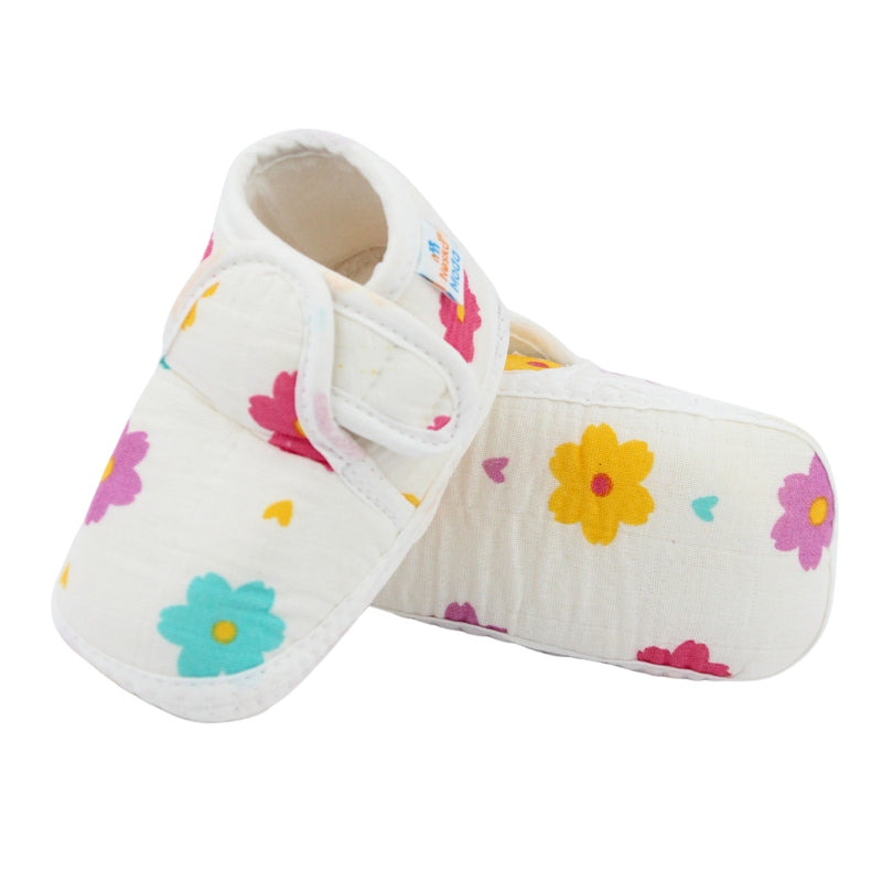 Baby Unisex Floral Muslin White Velcro Booties-BT5479