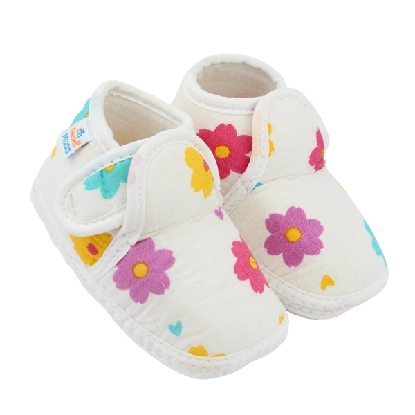 Baby Unisex Floral Muslin White Velcro Booties-BT5479