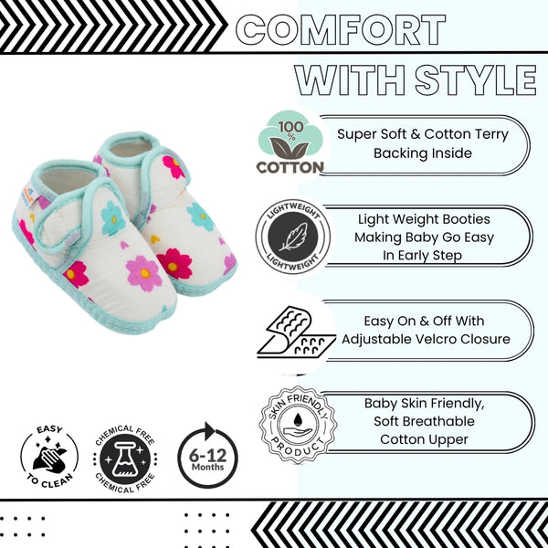 Baby Unisex Floral Muslin Green Velcro Booties-BT5480