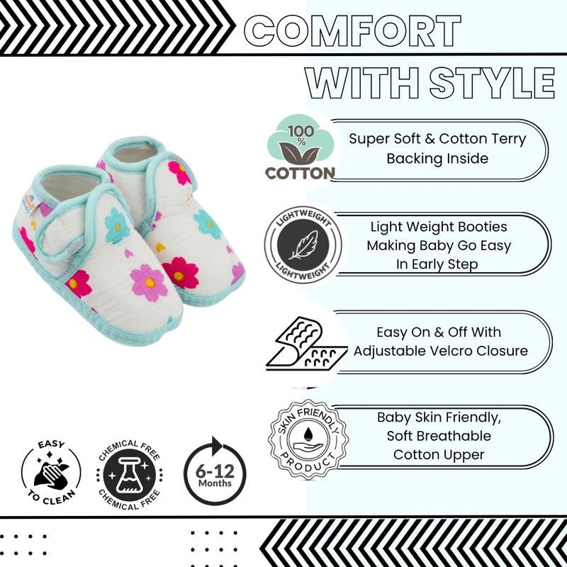 Baby Unisex Floral Muslin Green Velcro Booties-BT5480