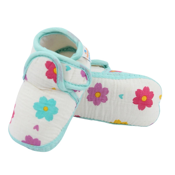 Baby Unisex Floral Muslin Green Velcro Booties-BT5480