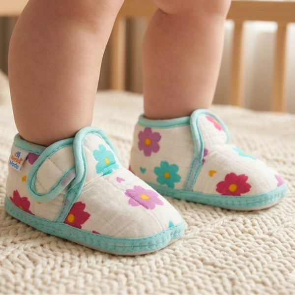Baby Unisex Floral Muslin Green Velcro Booties-BT5480