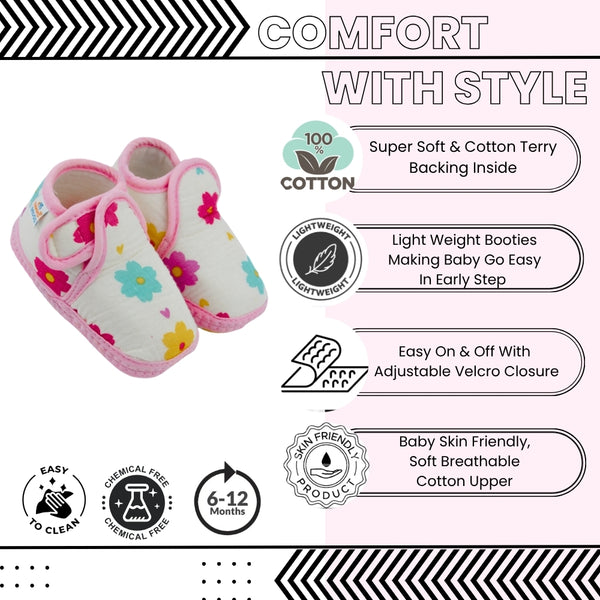 Baby Unisex Floral Muslin Pink Velcro Booties-BT5481