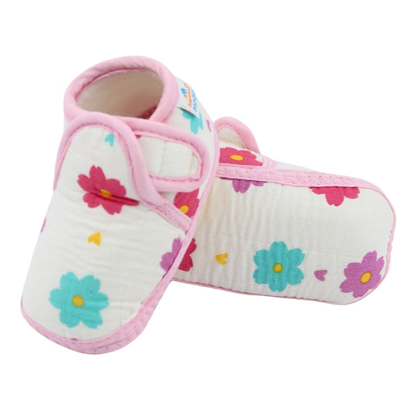 Baby Unisex Floral Muslin Pink Velcro Booties-BT5481