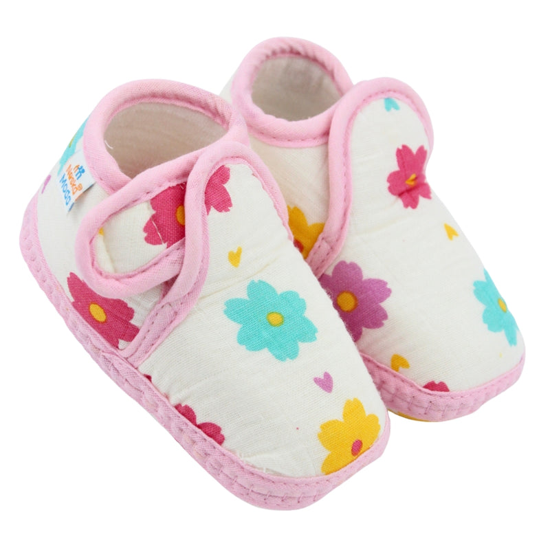 Baby Unisex Floral Muslin Pink Velcro Booties-BT5481