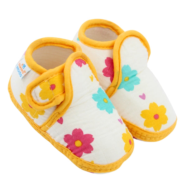 Baby Unisex Floral Muslin Yellow Velcro Booties-BT5482