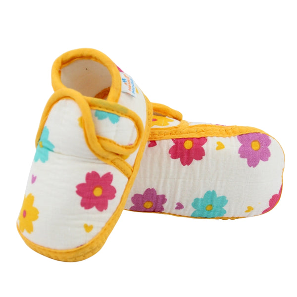 Baby Unisex Floral Muslin Yellow Velcro Booties-BT5482
