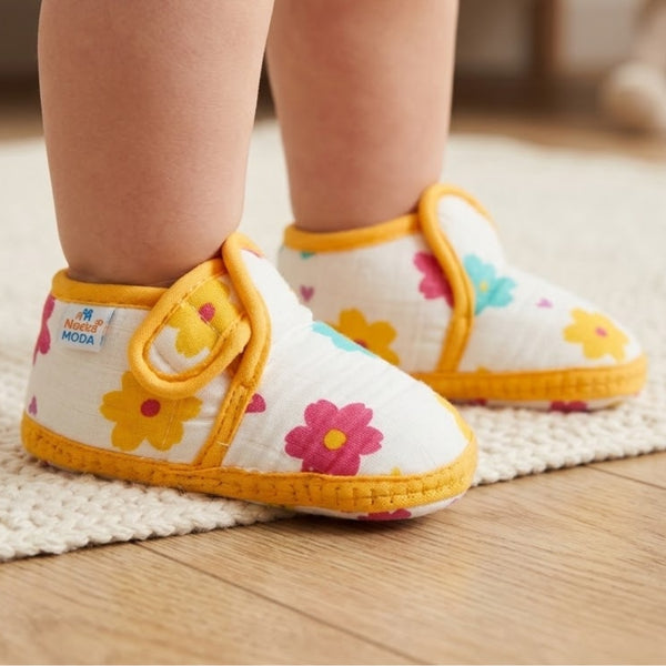 Baby Unisex Floral Muslin Yellow Velcro Booties-BT5482