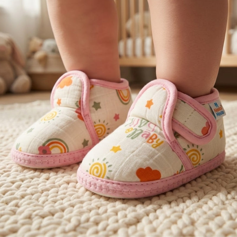 Baby Unisex Muslin Velcro Pink Booties-BT5485