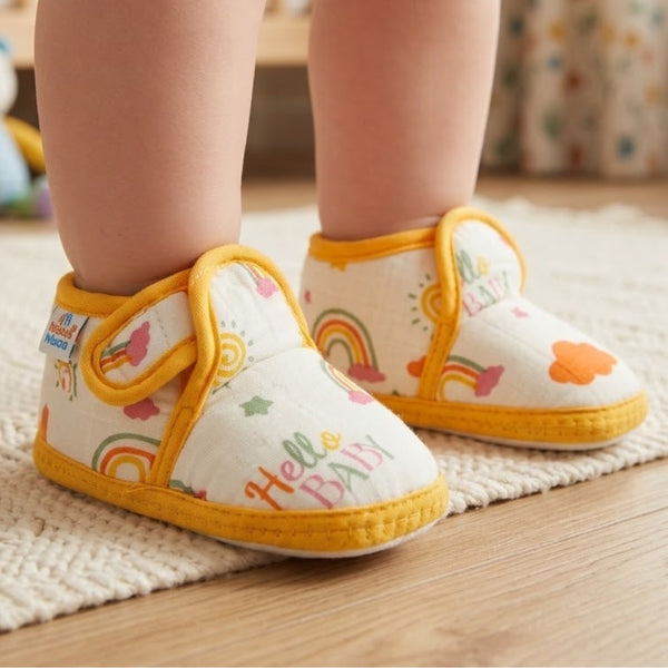 Baby Unisex Muslin Velcro Yellow Booties-BT5486