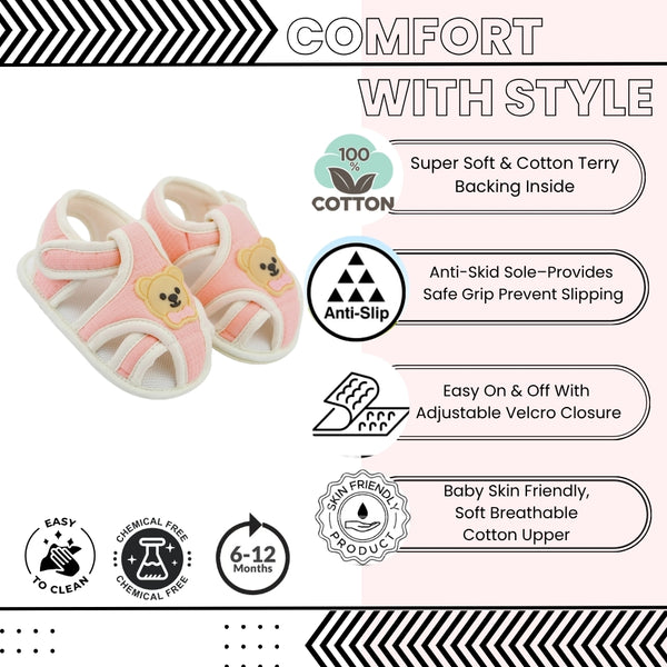 Baby Unisex Cotton Bear Face Pink,White Velcro Sandal-BT5494