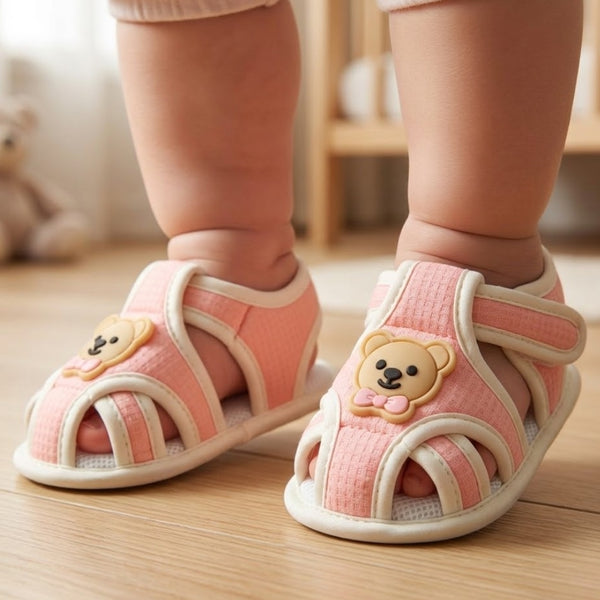 Baby Unisex Cotton Bear Face Pink,White Velcro Sandal-BT5494