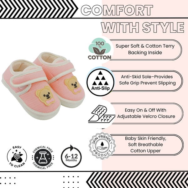 Baby Unisex Cotton Bear Face Pink,White Velcro Shoe-BT5497