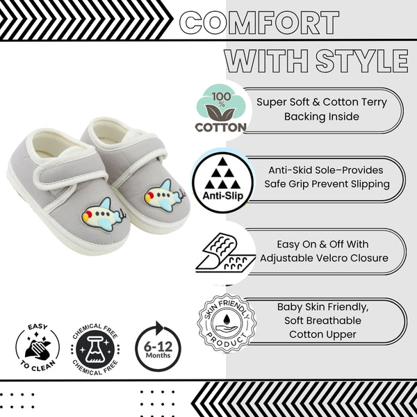 Baby Unisex Cotton Airoplane Grey,White Velcro Shoe-BT5499