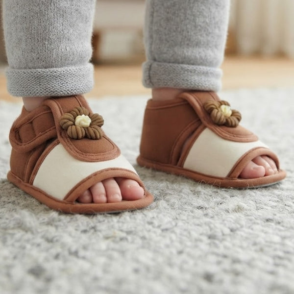 Baby Girls Skin-friendly Cotton Floral White,Brown Velcro Sandal Booties-BT5511