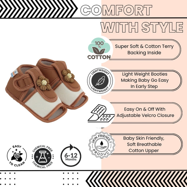 Baby Girls Skin-friendly Cotton Floral White,Brown Velcro Sandal Booties-BT5511