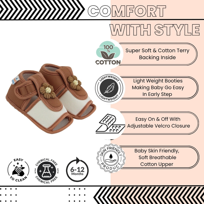 Baby Girls Skin-friendly Cotton Floral White,Brown Velcro Sandal Booties-BT5511