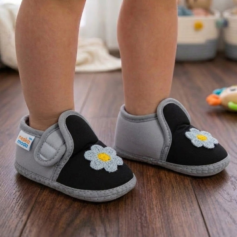 Baby Girls Cotton Floral Grey,Black Velcro Shoe-BT5534