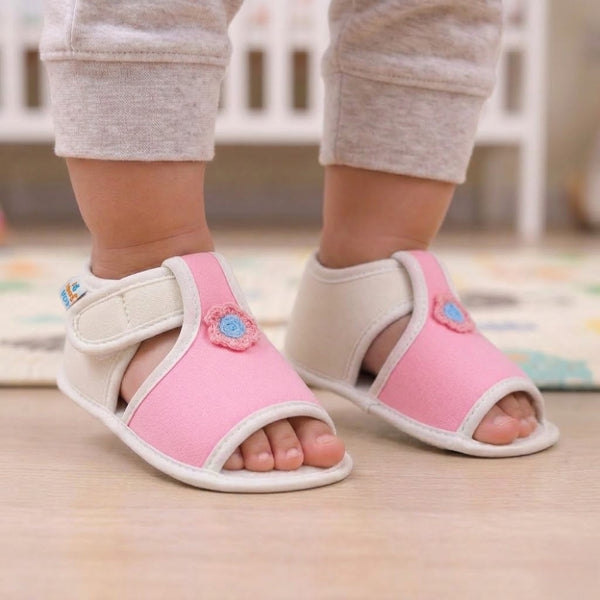 Baby Girls Skin-friendly Cotton Floral Pink,White Velcro Sandal Booties-BT5536