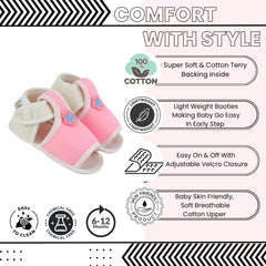 Baby Girls Skin-friendly Cotton Floral Pink,White Velcro Sandal Booties-BT5536