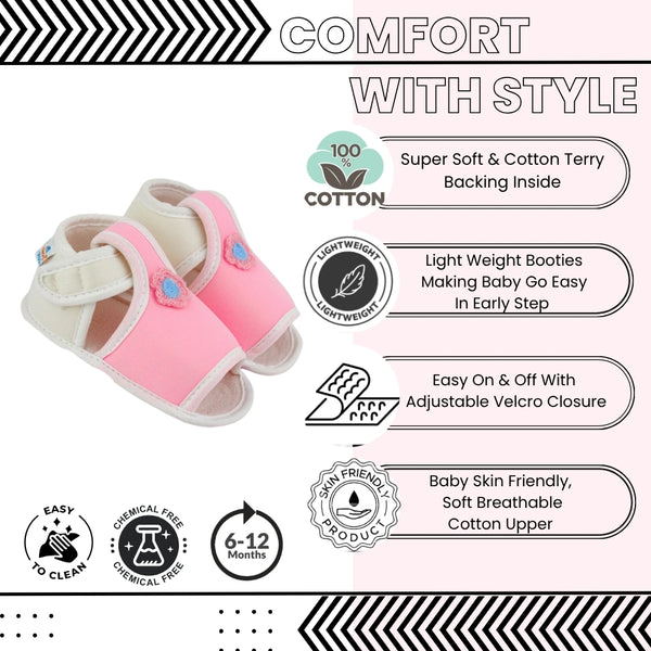 Baby Girls Skin-friendly Cotton Floral Pink,White Velcro Sandal Booties-BT5536