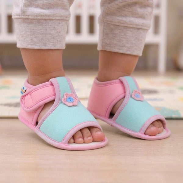 Baby Girls Skin-friendly Cotton Floral Green,Pink Velcro Sandal Booties-BT5537