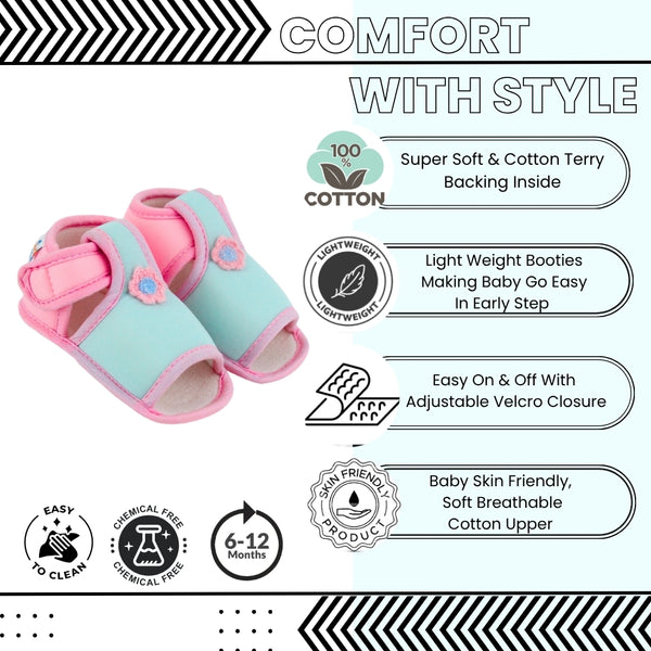 Baby Girls Skin-friendly Cotton Floral Green,Pink Velcro Sandal Booties-BT5537