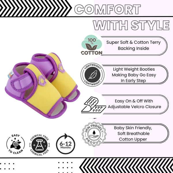 Baby Girls Skin-friendly Cotton Floral Yellow,Purple Velcro Sandal Booties-BT5539