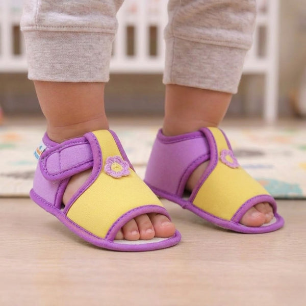 Baby Girls Skin-friendly Cotton Floral Yellow,Purple Velcro Sandal Booties-BT5539