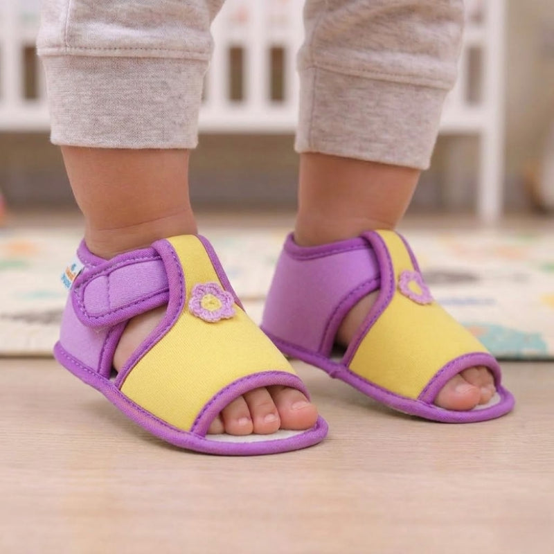 Baby Girls Skin-friendly Cotton Floral Yellow,Purple Velcro Sandal Booties-BT5539